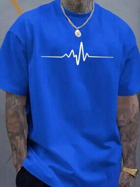 Heartbeat EKG Line Graphic T-shirt - Blue Short Sleeve Casual Tee
